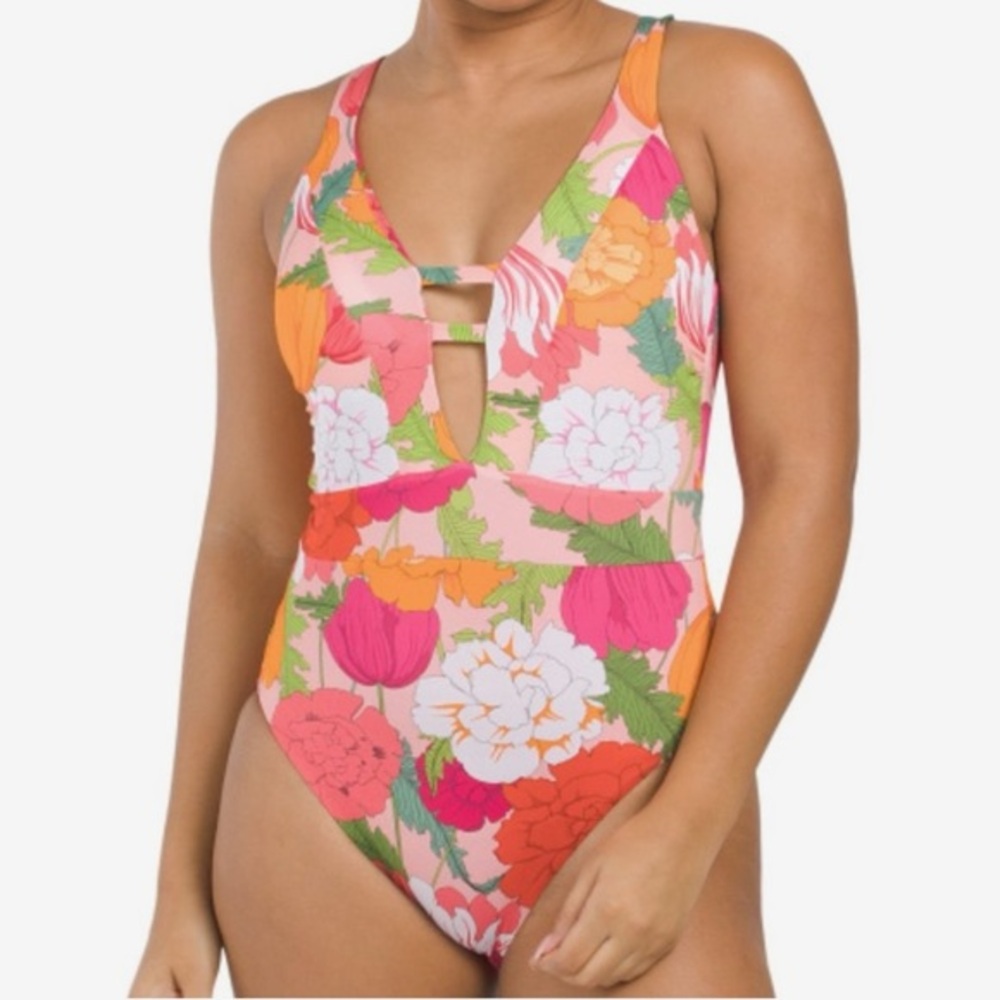 Trina Turk SUNNY BLOOM PLUNGE‎ MAILLOT One piece swimsuit size 14